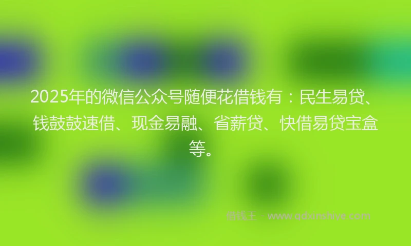 2025年的微信公众号随便花借钱有：民生易贷、钱鼓鼓速借、现金易融、省薪贷、快借易贷宝盒等。