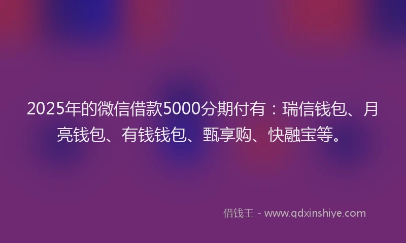 2025年的微信借款5000分期付有：瑞信钱包、月亮钱包、有钱钱包、甄享购、快融宝等。