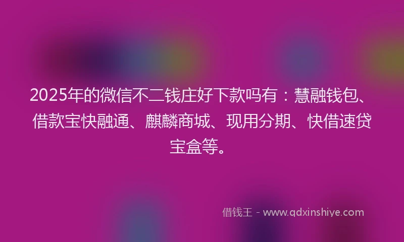 2025年的微信不二钱庄好下款吗有：慧融钱包、借款宝快融通、麒麟商城、现用分期、快借速贷宝盒等。
