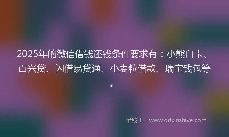 2025年的微信借钱还钱条件要求有：小熊白卡、百兴贷、闪借易贷通、小麦粒借款、瑞宝钱包等。