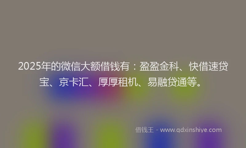 2025年的微信大额借钱有：盈盈金科、快借速贷宝、京卡汇、厚厚租机、易融贷通等。