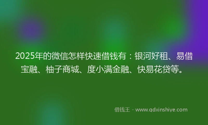 2025年的微信怎样快速借钱有：银河好租、易借宝融、柚子商城、度小满金融、快易花贷等。