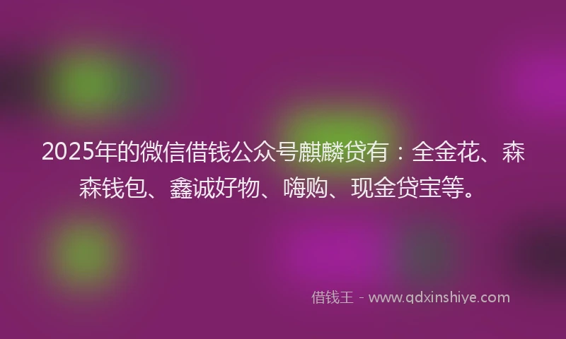 2025年的微信借钱公众号麒麟贷有：全金花、森森钱包、鑫诚好物、嗨购、现金贷宝等。