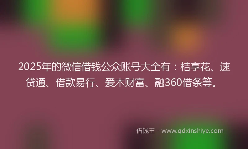 2025年的微信借钱公众账号大全有：桔享花、速贷通、借款易行、爱木财富、融360借条等。