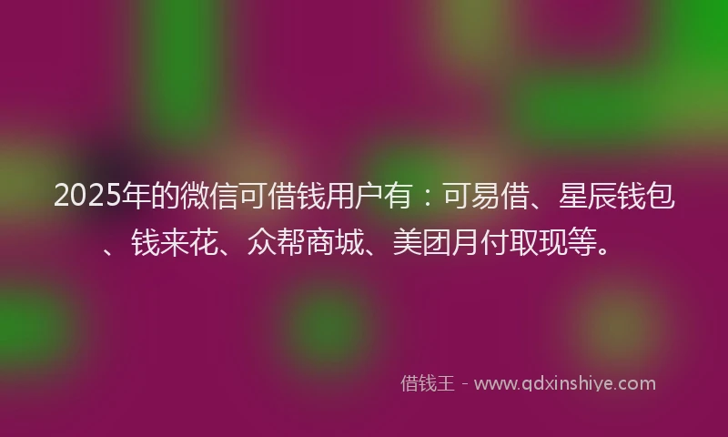 2025年的微信可借钱用户有：可易借、星辰钱包、钱来花、众帮商城、美团月付取现等。