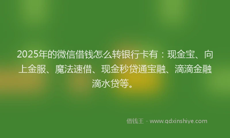 2025年的微信借钱怎么转银行卡有：现金宝、向上金服、魔法速借、现金秒贷通宝融、滴滴金融滴水贷等。