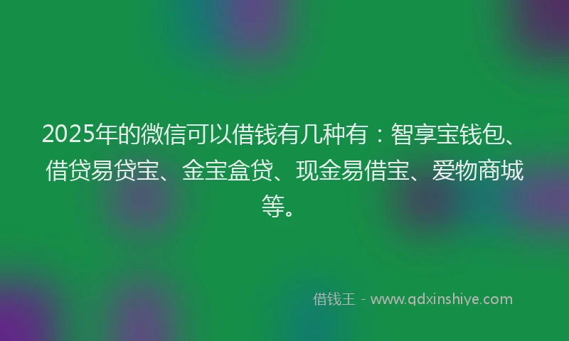 2025年的微信可以借钱有几种有：智享宝钱包、借贷易贷宝、金宝盒贷、现金易借宝、爱物商城等。