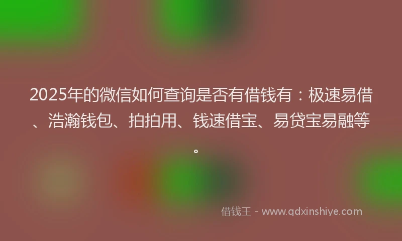 2025年的微信如何查询是否有借钱有：极速易借、浩瀚钱包、拍拍用、钱速借宝、易贷宝易融等。