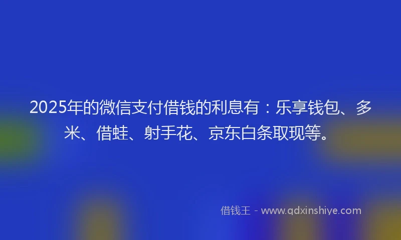 2025年的微信支付借钱的利息有：乐享钱包、多米、借蛙、射手花、京东白条取现等。