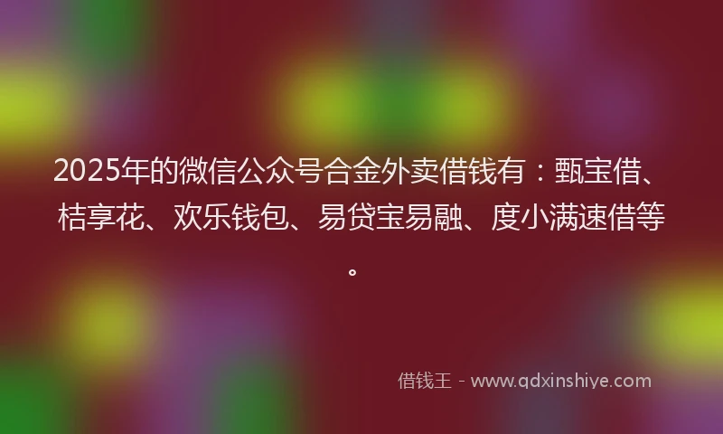 2025年的微信公众号合金外卖借钱有：甄宝借、桔享花、欢乐钱包、易贷宝易融、度小满速借等。