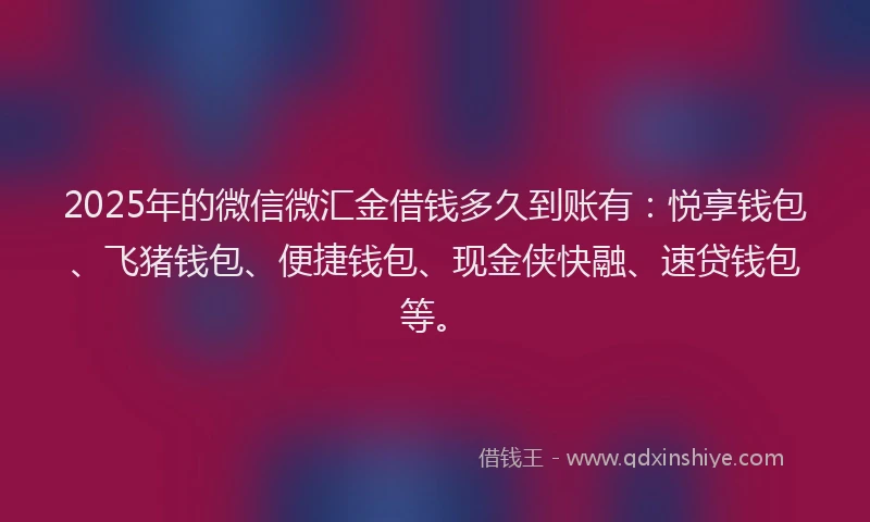 2025年的微信微汇金借钱多久到账有：悦享钱包、飞猪钱包、便捷钱包、现金侠快融、速贷钱包等。