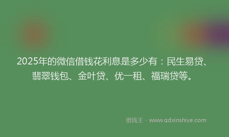 2025年的微信借钱花利息是多少有：民生易贷、翡翠钱包、金叶贷、优一租、福瑞贷等。