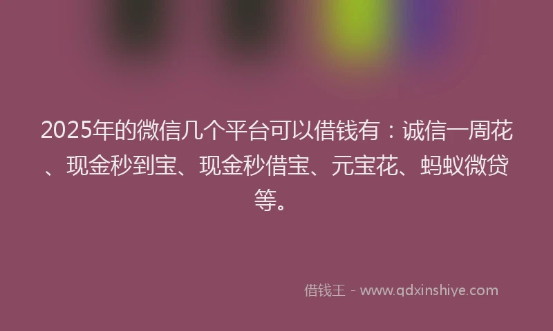 2025年的微信几个平台可以借钱有：诚信一周花、现金秒到宝、现金秒借宝、元宝花、蚂蚁微贷等。