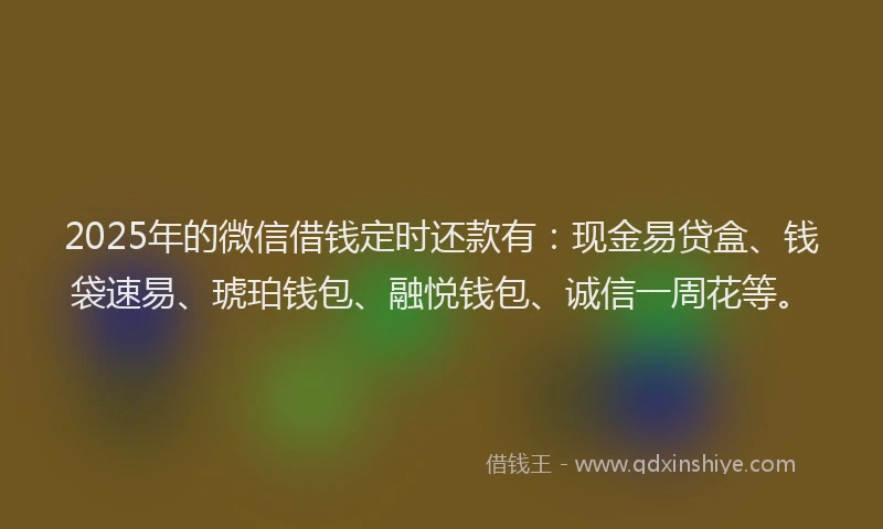 2025年的微信借钱定时还款有:现金易贷盒、钱袋速易、琥珀钱包、融悦钱包、诚信一周花等。