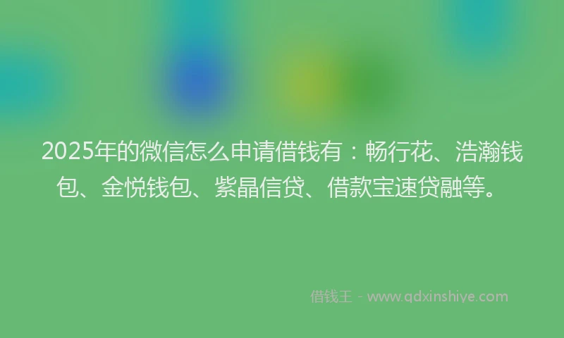 2025年的微信怎么申请借钱有：畅行花、浩瀚钱包、金悦钱包、紫晶信贷、借款宝速贷融等。