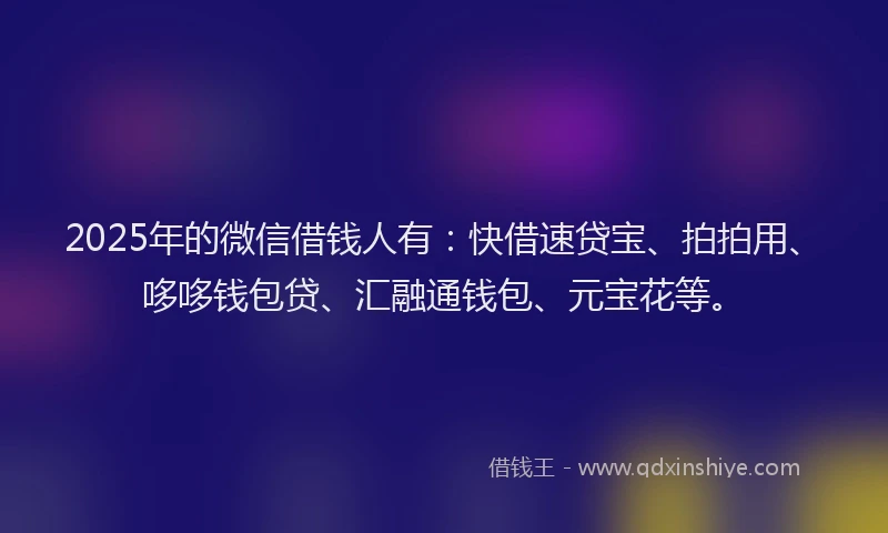 2025年的微信借钱人有：快借速贷宝、拍拍用、哆哆钱包贷、汇融通钱包、元宝花等。