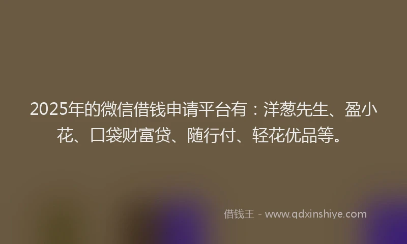 2025年的微信借钱申请平台有：洋葱先生、盈小花、口袋财富贷、随行付、轻花优品等。