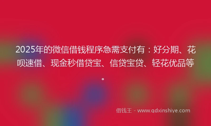 2025年的微信借钱程序急需支付有：好分期、花呗速借、现金秒借贷宝、信贷宝贷、轻花优品等。