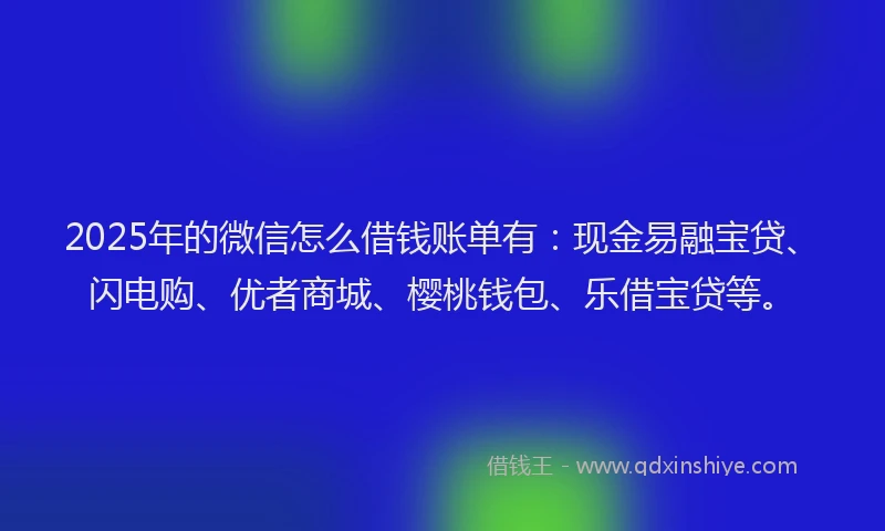 2025年的微信怎么借钱账单有：现金易融宝贷、闪电购、优者商城、樱桃钱包、乐借宝贷等。