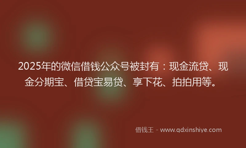 2025年的微信借钱公众号被封有：现金流贷、现金分期宝、借贷宝易贷、享下花、拍拍用等。