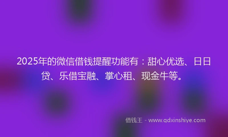 2025年的微信借钱提醒功能有：甜心优选、日日贷、乐借宝融、掌心租、现金牛等。