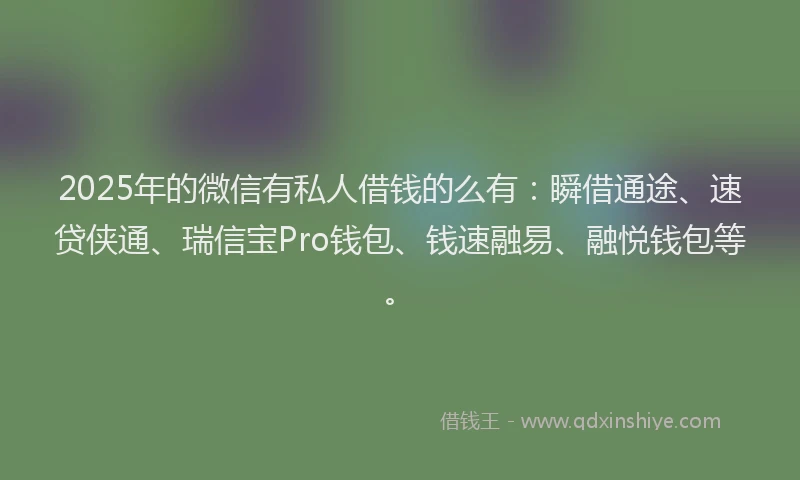 2025年的微信有私人借钱的么有：瞬借通途、速贷侠通、瑞信宝Pro钱包、钱速融易、融悦钱包等。