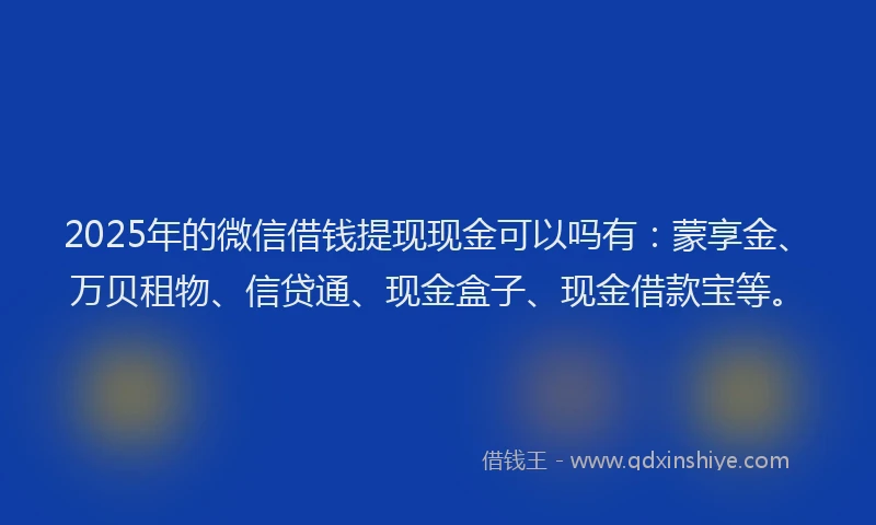 2025年的微信借钱提现现金可以吗有:蒙享金、万贝租物、信贷通、现金盒子、现金借款宝等。