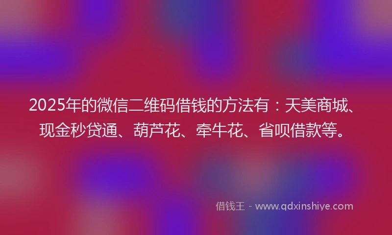 2025年的微信二维码借钱的方法有：天美商城、现金秒贷通、葫芦花、牵牛花、省呗借款等。