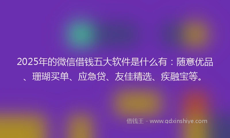 2025年的微信借钱五大软件是什么有：随意优品、珊瑚买单、应急贷、友佳精选、疾融宝等。