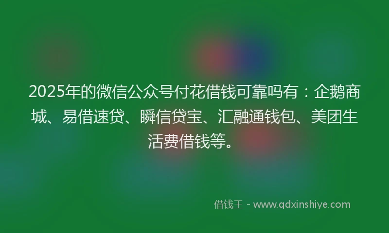 2025年的微信公众号付花借钱可靠吗有：企鹅商城、易借速贷、瞬信贷宝、汇融通钱包、美团生活费借钱等。