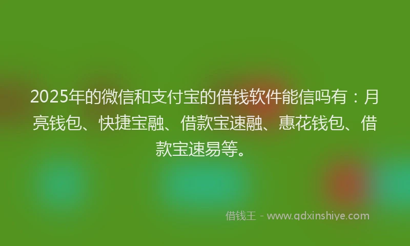 2025年的微信和支付宝的借钱软件能信吗有：月亮钱包、快捷宝融、借款宝速融、惠花钱包、借款宝速易等。