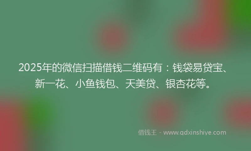 2025年的微信扫描借钱二维码有：钱袋易贷宝、新一花、小鱼钱包、天美贷、银杏花等。