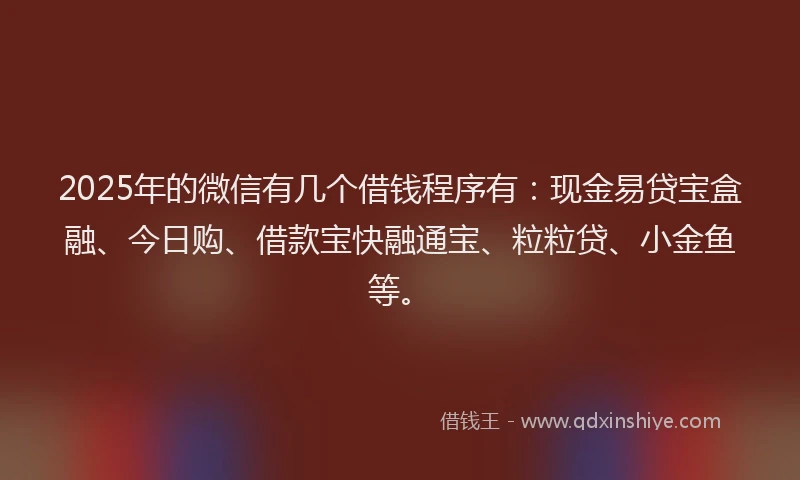 2025年的微信有几个借钱程序有：现金易贷宝盒融、今日购、借款宝快融通宝、粒粒贷、小金鱼等。