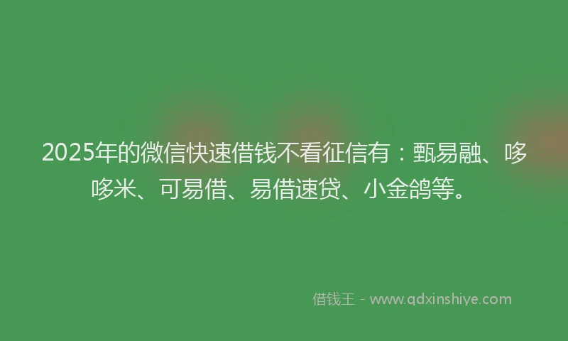 2025年的微信快速借钱不看征信有：甄易融、哆哆米、可易借、易借速贷、小金鸽等。