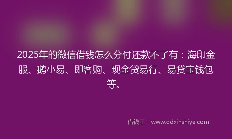 2025年的微信借钱怎么分付还款不了有：海印金服、鹅小易、即客购、现金贷易行、易贷宝钱包等。
