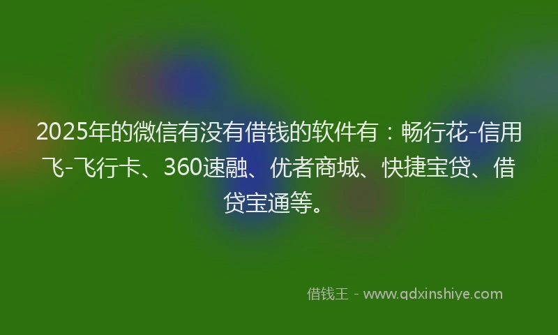 2025年的微信有没有借钱的软件有：畅行花-信用飞-飞行卡、360速融、优者商城、快捷宝贷、借贷宝通等。
