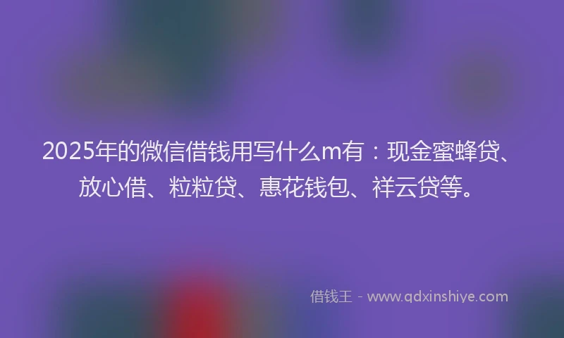 2025年的微信借钱用写什么m有：现金蜜蜂贷、放心借、粒粒贷、惠花钱包、祥云贷等。