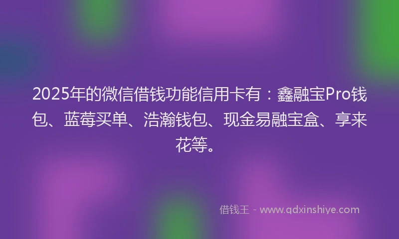 2025年的微信借钱功能信用卡有：鑫融宝Pro钱包、蓝莓买单、浩瀚钱包、现金易融宝盒、享来花等。