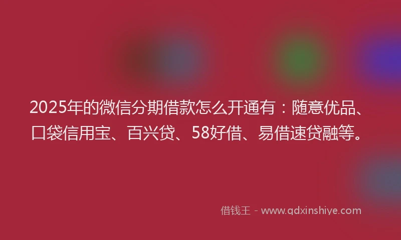 2025年的微信分期借款怎么开通有：随意优品、口袋信用宝、百兴贷、58好借、易借速贷融等。