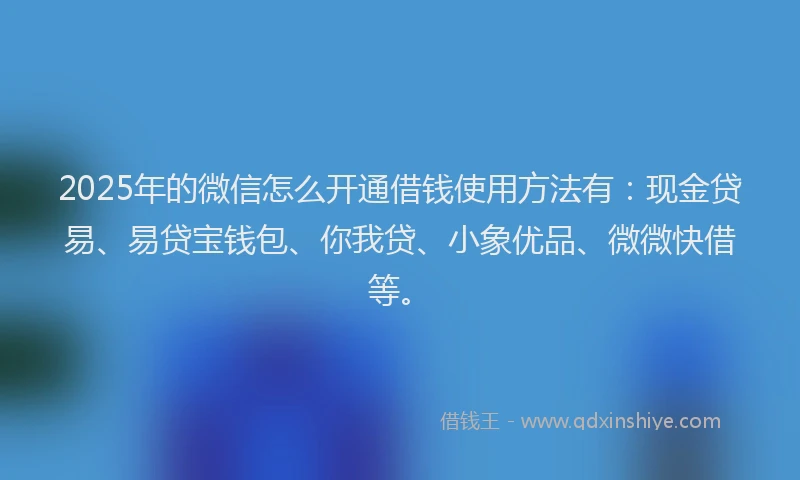 2025年的微信怎么开通借钱使用方法有：现金贷易、易贷宝钱包、你我贷、小象优品、微微快借等。
