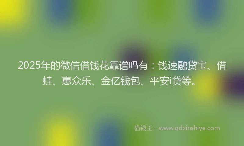 2025年的微信借钱花靠谱吗有：钱速融贷宝、借蛙、惠众乐、金亿钱包、平安i贷等。
