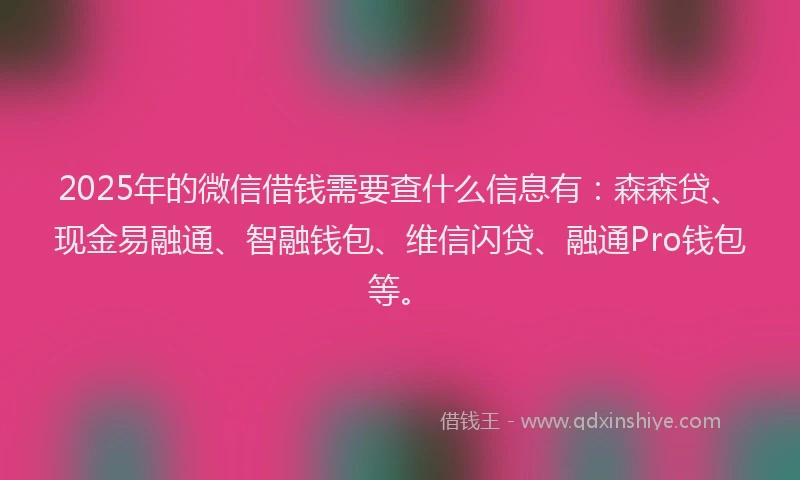 2025年的微信借钱需要查什么信息有：森森贷、现金易融通、智融钱包、维信闪贷、融通Pro钱包等。