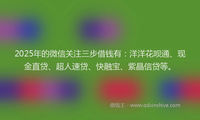 2025年的微信关注三步借钱有：洋洋花呗通、现金直贷、超人速贷、快融宝、紫晶信贷等。