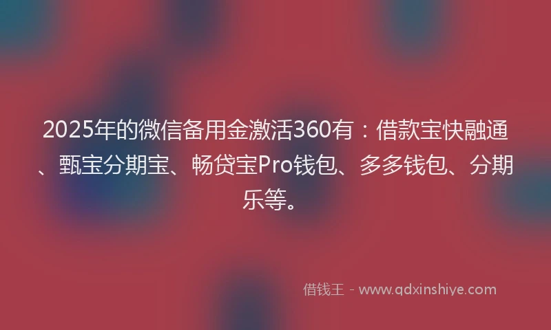 2025年的微信备用金激活360有：借款宝快融通、甄宝分期宝、畅贷宝Pro钱包、多多钱包、分期乐等。