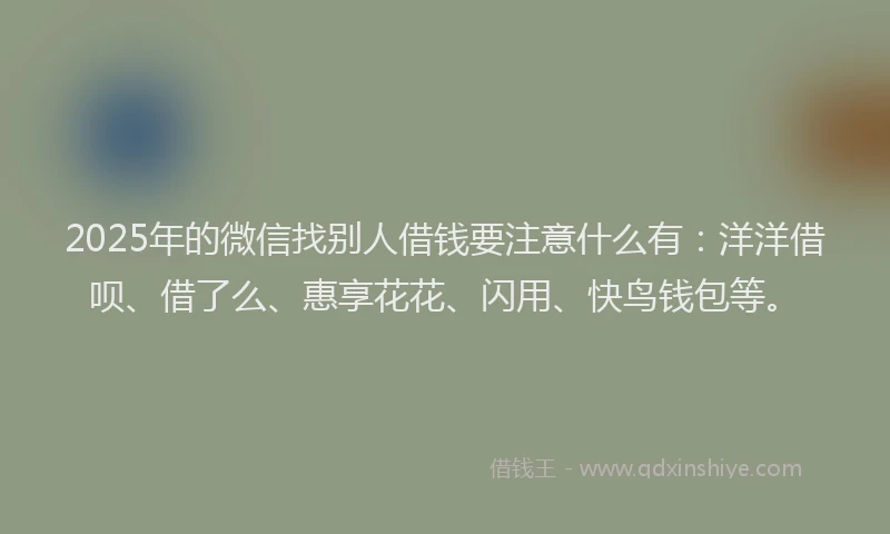2025年的微信找别人借钱要注意什么有：洋洋借呗、借了么、惠享花花、闪用、快鸟钱包等。