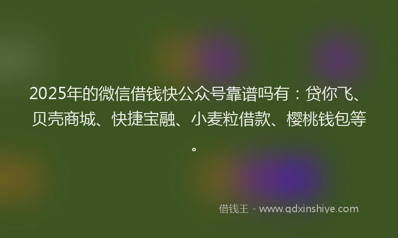 2025年的微信借钱快公众号靠谱吗有:贷你飞、贝壳商城、快捷宝融、小麦粒借款、樱桃钱包等。
