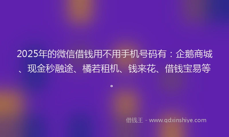 2025年的微信借钱用不用手机号码有：企鹅商城、现金秒融途、橘若租机、钱来花、借钱宝易等。