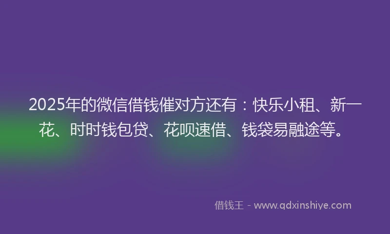 2025年的微信借钱催对方还有：快乐小租、新一花、时时钱包贷、花呗速借、钱袋易融途等。
