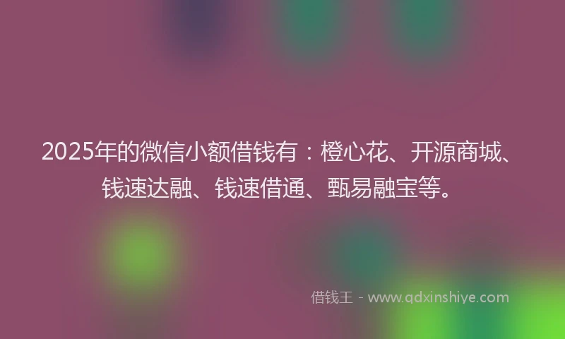 2025年的微信小额借钱有：橙心花、开源商城、钱速达融、钱速借通、甄易融宝等。