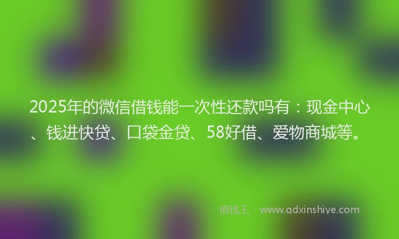 2025年的微信借钱能一次性还款吗有:现金中心、钱进快贷、口袋金贷、58好借、爱物商城等。